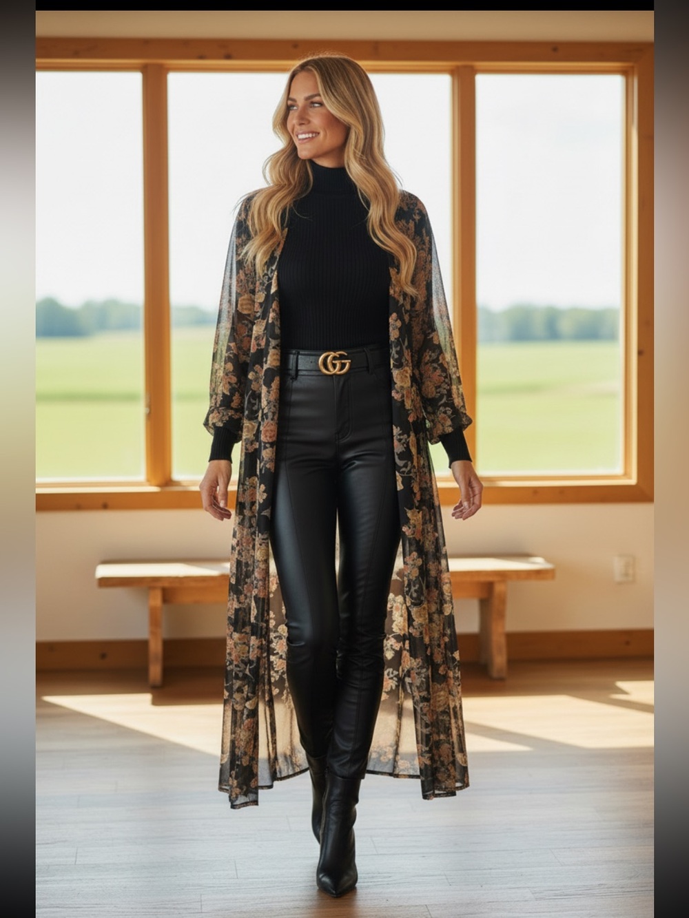 Peach Love California Black Floral Sheer Long Kimono Cardigan
